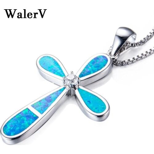 WalerV 2018 for Womens Set Fashion Charm Blue Imitation Five Opal Cross Shape Pendant Belief Christian Jesus Jewelry Necklace