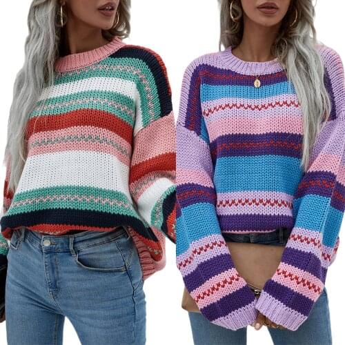 Women Round Neck Sweaters Bohemian Long Sleeve Color Block Striped Loose Knit Tops