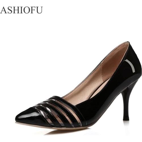ASHIOFU 2020 New Ladies High Heel Pumps Patent Leather Slip-on Party Office Shoes Pointed Toe Club Fashion Evening Court Shoes