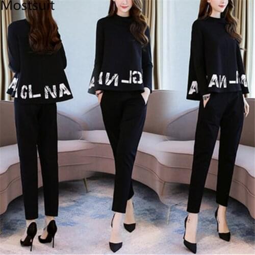 Autumn Black Letters Print Two Piece Sets Outfits Women Plus Size Loose Tops And Pants Suits Elegant Korean Fashion 2 Piece Sets