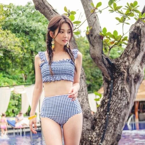 Womens Three Pieces Swimsuit Polka Dot Lace Halter Bandeau Top High Waist Bottom Tankini Set vestido de bano 2 pieza