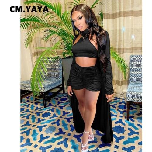 CM.YAYA Streetwear Solid Womens Set Crop Tops Ruched Shorts Set with Cloack Tops Matching Three 3 Piece Outfit Active Tracksuit