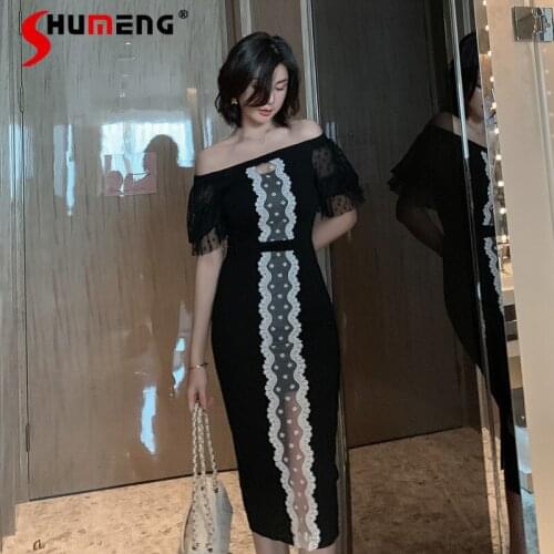 Fashion Black off-Neck Lantern Sleeve over the Knee Dress for Ladies 2021 Summer New Lace Stitching Hollow out Dress Womens