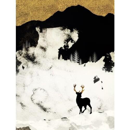Black White Abstract Poster Landscape Print WinterSnow Deer Mountain Art Canvas Painting Wall Picture For Living Room Home Decor