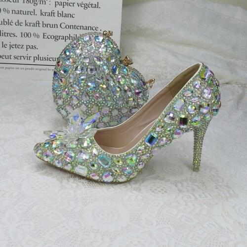 BaoYaFang AB crystal royal blue Fucshia Heart handbags and shoes woman Luxury Wedding shoes Ankle strap Ladies Party shoe female