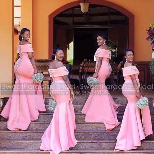 Shiny Silver Sequins Mermaid Bridesmaid Dresses Pink Satin African Women Off Shoulder Long Wedding Party Dress Maid Of Honor