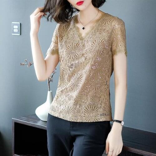 Women Blouse Womens Lace Top 2021 Summer V-neck Shirt Womens Clothing Blusas Mujer De Moda