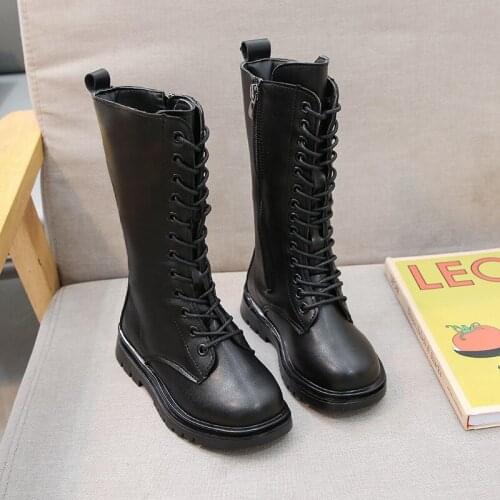 Girls' boots autumn & winter children shoes fashion high boots warm plush ankle boots lace-up winter boots black martin boots