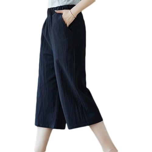40%HOT Summer Women Elastic Loose Wide Leg Straight Solid Color Capri Pants Trousers