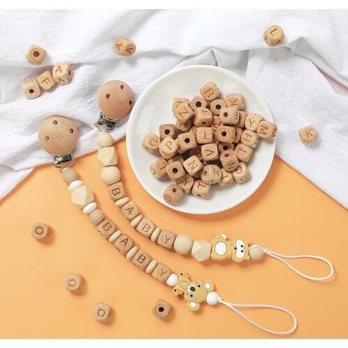 50pcs 12mm Wooden Alphabet Letter wood Square Loose Beads For Infant Making Baby Teether Necklace Pacifier Chain DIY Name beads