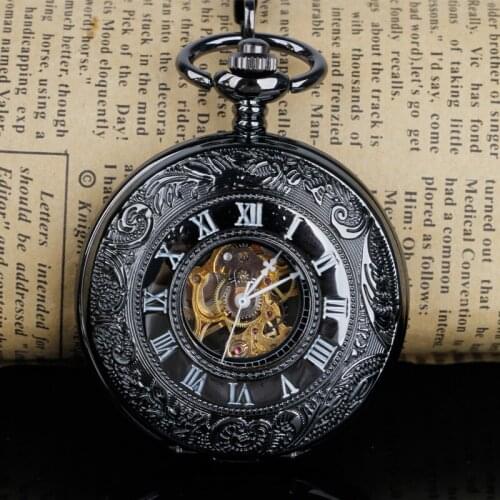 5pcs Steampunk Antique Black Hand Wind Mechanical Pocket Watch Men Necklace Fob Pocket Watch for Men Relogio DeBolso PJX1215