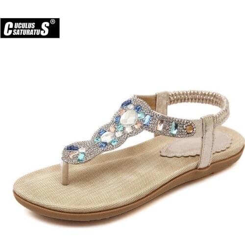 Cuculus Women Bohemian Ethnic Crystal Rhinestone Flat Sandals Roman Gladiator Flip Flops Petal Flower Shoes Wedding Casual 383-3