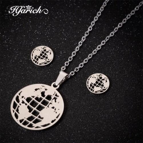 Hfarich Classic Steel and Gold Color Earth World Map Chain Necklace Women Kids Stainless Steel Sweater Pendant Necklaces Jewelry