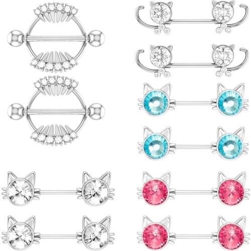 2pc Crystal Cat Nipple Ring Piercing Barbell 14G Stainless Steel Nipple Shield Bar Sexy Adult Game for Women Body Breast Jewelry
