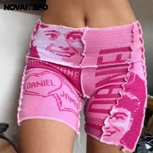 NOVAINSPO Knitted Hollow Out O Neck Top And Shorts Set Printing Backless Sexy Club Partywear Rave Outfits Two Piece Co-ord Sets