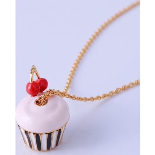 Creative Cup cake shape small cherry exquisite three-dimensional enamel glaze Long necklace
