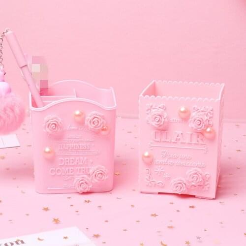 Creative Cosmetic Brush Storage Box Cute Pink Plastic Pen Holder Stationery Desktop Makeup Organizer Container Pencil Bucket Bin