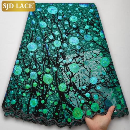 SJD LACE Green Sequins African Lace Fabric 2021High Quality Nigerian French Tulle Lace Fabric Sequined Mesh For Wedding SewA2328