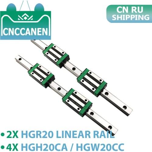 RU CN 2PCS HGR20 HGH20 Square Linear Guide Rail 100-1100mm +4PCS Slide Block Carriage HGH20CA / HGW20CC for CNC Router Engraving