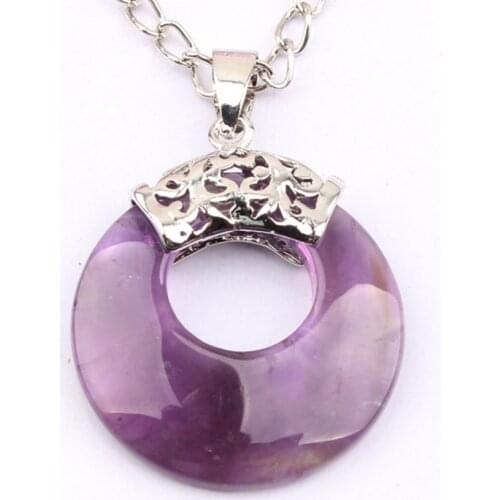 Trendy-beads Vintage Style Silver Plated Natural Purple Quartz Round Hollow Ancient Pendant Charm Jewelry