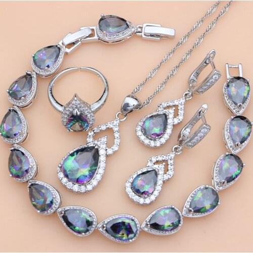 925 Silver Jewelry Set Mystic Rainbow Zircon Stone Decoration For Women Wedding Earrings/Pendant/Open Ring/Bracelet/Necklace