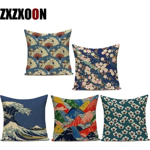 Japanese Style Scenic Mount and Wave Printed Throw Pillow Cushion Cover Square Decoration For Sofa Home Capa De Almofadas 45X45