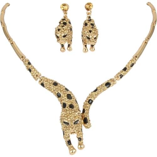 Animal Necklace Earrings Women Leoprad Panther Neck Chain Crystal Jewelry Set Party Mangalsutra Collier Femme Collar Gift