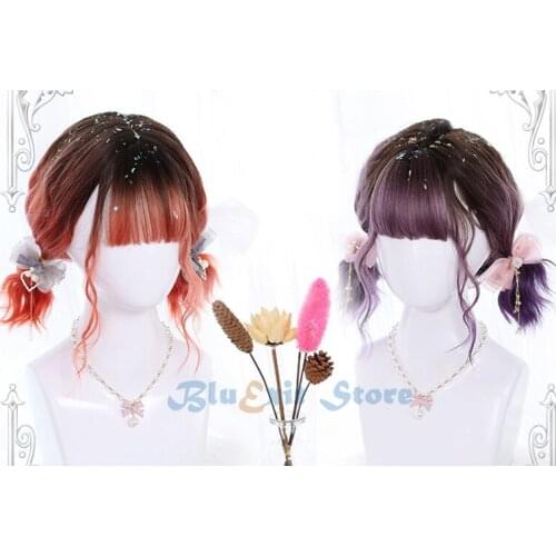 Gradual Black Orange Brown Purple Lolita Wig Harajuku Fairy Cosplay Bangs Curly Short Sweet Fringe Synthetic Hair Adult Girls