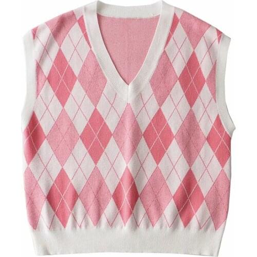 Early autumn new college wind V-neck knitted vest contrast rhombic loose sweater vest DLSY1860