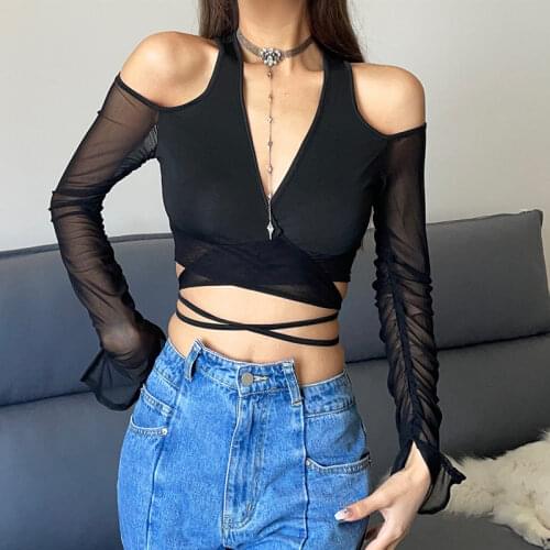 Sexy Mesh Crop Tops Women Y2K Lace Trim 90s Aesthetics Cropped Tops Square Neck Long Sleeve Party Beach Holiday T-shirts Tee Top