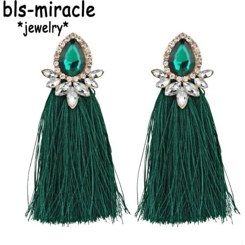 Bls-miracle 6 Color Boho Water Drop Shape Crystal Long Tassel Drop Earrings For Women Fashion Statement Brincos Wholesale E497