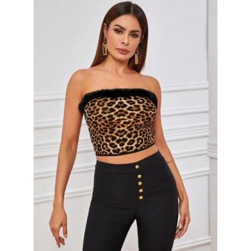 COLDKER 2020 New Summer Fashion Women Teens Sexy Backless Feather Tube Leopard Print Crop Top Strapless Tops