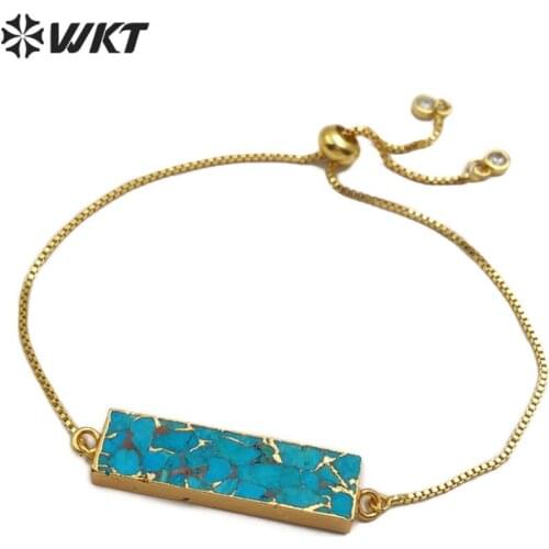 WT-B473 Women Gold Bracelet Jewelry Natural Blue Vein Turquoises Bracelet Rectangle Shape stones Bracelet Adjustable Bracelet