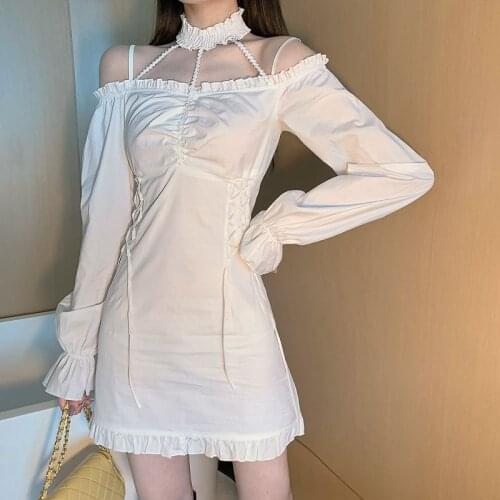 2020 Sexy Spaghetti Strap Off Shoulder Dress Women Lace Up Waist Slim Gothic Dress Female Short Mini Harajuku Streetwear Vestido