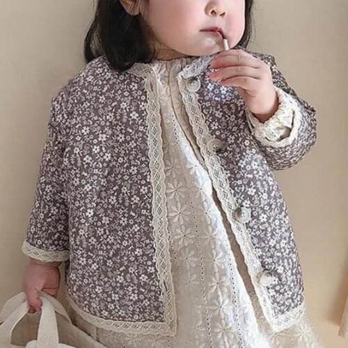 Winter New Cotton Printed Pastoral LACE STITCHING Short Quilted Cotton Cloth Cotton Jacket for Girls baby