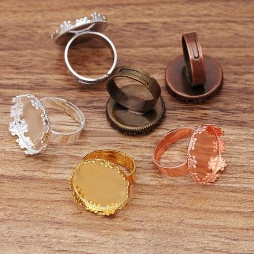 200pcs Copper Adjustable Ring Base with 20mm Round Crown Bezel Settings Tray Cameo Cabochon Base Blanks DIY Jewelry Making Ring