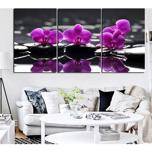 3Panel HD Print Zen Stones Purple Butterfly Orchid Painting on Canvas Painting Modular Picture Art Poster for Living Room cuadrs