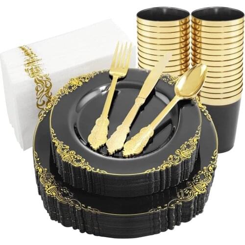 85 Pieces of Disposable Tableware Transparent Black Plastic Dinner Plate Cup Knife Fork Spoon Set Birthday Party Supplies