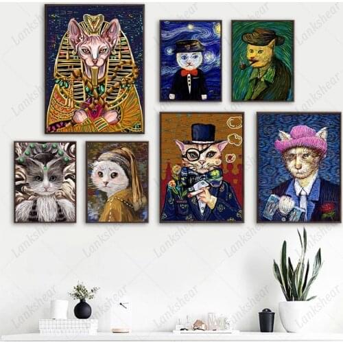 Sphynx Cat Hat Cigarette Bow Abstract Wall Art Canvas Painting Nordic Posters and Prints Hd Pictures for Living Room Decoration