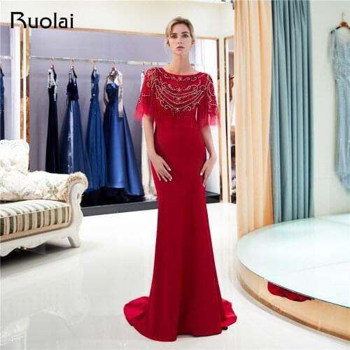 Burgundy/Navy Mermaid Evening Dresses Long Scoop Luxury Beaded Satin Prom Dresses 2019 Evening Gown 2019 Vestido de Fiesta SQ2