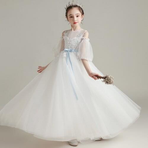 Flower Girl Dresses Princess O-Neck Lace Sequined Embroidery Off the Shoulder Ball Gown Floor-Length Tulle Kids Party Skirt H036