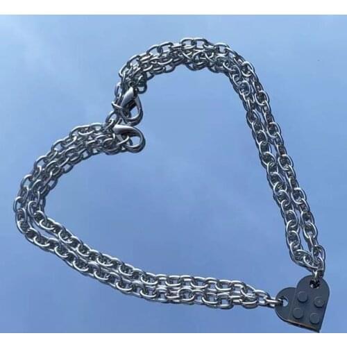 Grunge aesthetic brick block heart chain necklaces for teenage egirls eboys detachable love necklace for lovers couples