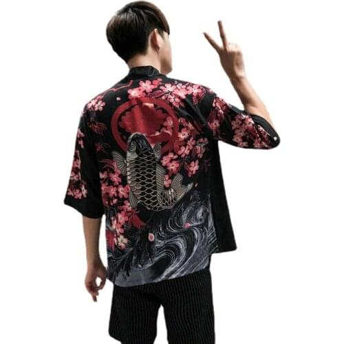Yukata Kimono Men/Women Japanese Bath Robe Gown Party Dress Print Cherry Blossom Wave Carp Bathrobe Kimono Shirts G001