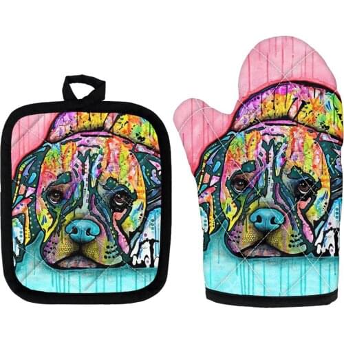 Painting Dog Print Heat Resistant Glove Cooking Gloves Baking BBQ Oven Mitts And Pot Holders Sets Cooking Kitchen Glove Pad Set