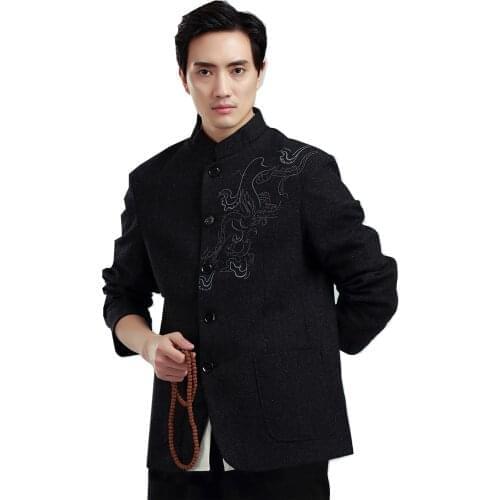 Shanghai Story Chinese traditional Clothing tang suit mandarin collar Blend wool fabric dragon embroidery chinese mens jacket