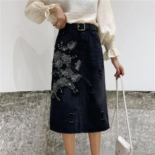 Summer Skirts Womens Heavy Industry Beaded Flowers Jean Skirt Female Korean Fashion Plus Size High Waist Mi-Long Denim Skirts