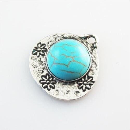 Fashion 8Pcs Retro Tibetan Silver Color Stone Heart Flower Charms Pendants 20x22mm