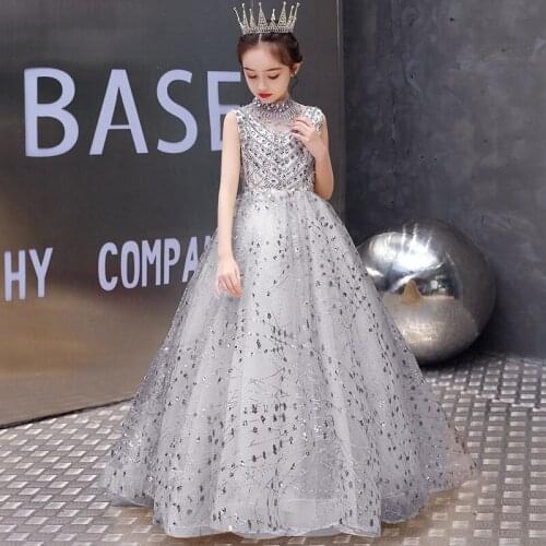 New Flower Girl Dress Elegant Beading Sleeveless Ball Gown Teens Girl Princess Party/ Wedding Tailing Dresses Baby Clothes 3-13Y