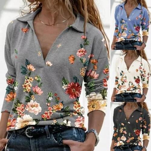 Autumn Casual Floral Printed Tops Women Fashion Stand Collar Long Sleeve Shirt Pullover Slim Fit Blouses Spring Tops