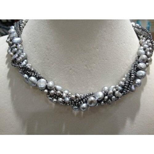 Grey Freshwater Pearl Crystal Necklace Multilayer Twist Necklace Fashion Women Jewelry Free Shipping Real Pearls Cultured